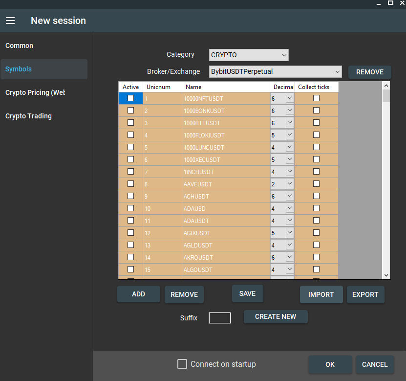 Import symbols list for the particular crypto exchange 