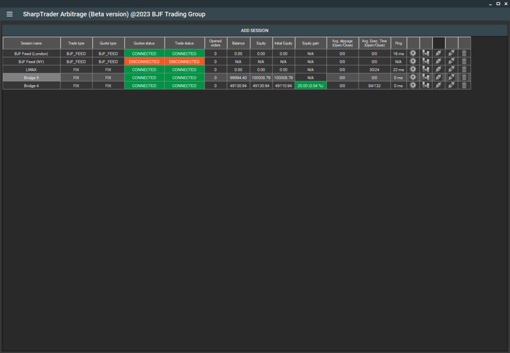 SharpTrader Arbitrage Connectors window